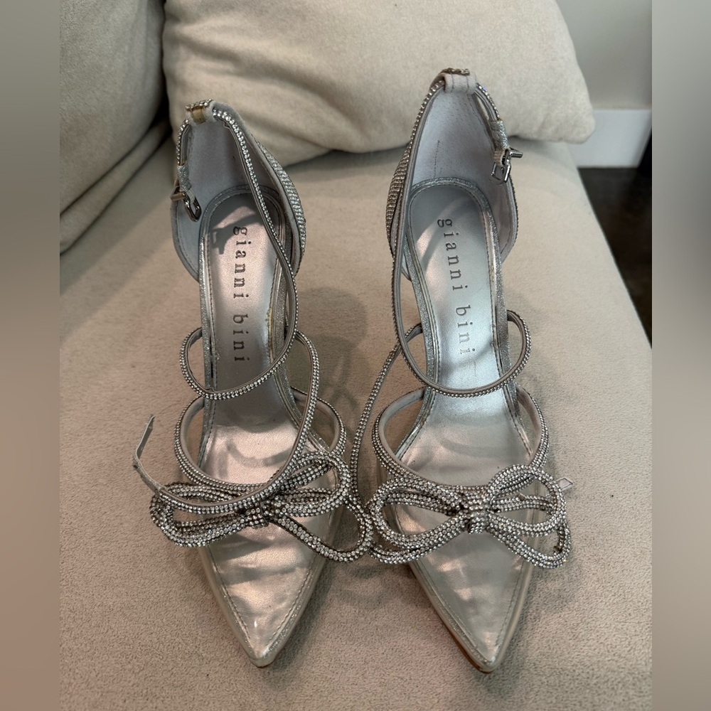 Gianni Bini Silver Crystal Bow Pointed Toe Ankle-Strap Heels